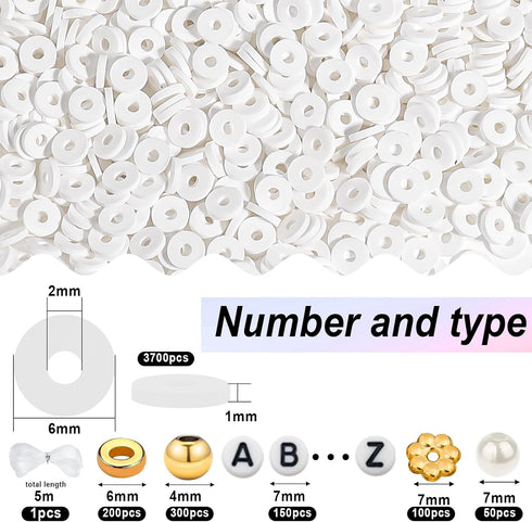 4500pcs White Clay Beads Kit for Bracelet Making Including 6mm Flat Polymer Clay Heishi Beads and Gold Bead Pearls Spacers Letter Beads for Jewelr...