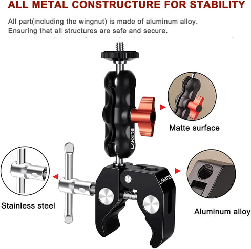 Super Clamp Camera Mount with Double Ball Head Adapter - Compatible with Canon Nikon DSLR, Gopro, LED Lights, Ronin-M/MX, Freefly MOVI - 360° Rota...