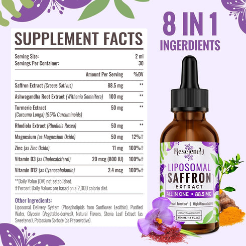 Saffron Supplements - 88.5 mg Liposomal Saffron Extract Drops Better Bioavailability for Mood, Energy, Vision & Focus with Ashwagandha, Turmeric, ...