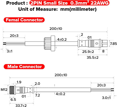 BTF-LIGHTING 2 Pin Electrical Connector 22AWG IP65 Male Female Connector 7.87in/20cm Extension Cable for Car,Truck,Boat,Indoor/Outdoor LED Strip L...