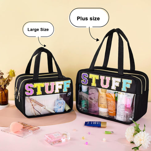 Chenille Letter Clear Makeup Bag, Preppy Cosmetic Bag Clear Snack Bags with Zipper, Stuff Bag Waterproof Sunscreen Bag Travel Toiletry Bag Cosmeti...