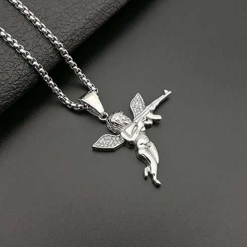 Gold Angel Necklace Gun Necklace Pendant Chain,Cubic Zirconia Mens Angel Wings Necklace Choker,Sparkled Cupid Chain Stainless Steel Hip Hop Jewelr...