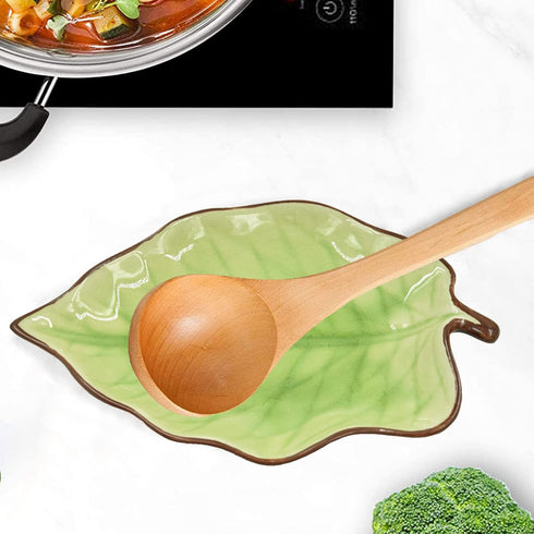 Green Spoon Rest Spoon Holder for Stove Top Kitchen Counter with Wooden Spoon, Farmhouse Decor Leaf Shape Spatula Holder Ceramic, 5.1 W x 7.5 L...