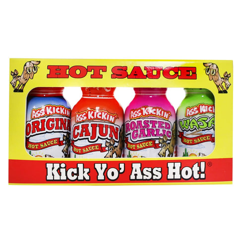ASS KICKIN' Premium Hot Sauce Bottles Gourmet Gift Set Travel Size – .75 oz. 4 Pack - Try if you dare! – Perfect Gourmet Christmas Gifts for the H...
