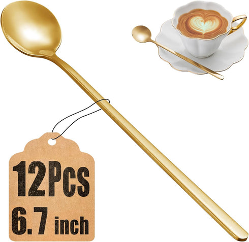 12 Pcs Coffee Spoons Set, 6.7" Gold Tea Spoons Long Handle, Stirring Spoons, Gold Small Teaspoons, Stainless Steel Gold Spoons, Long Spoons for St...