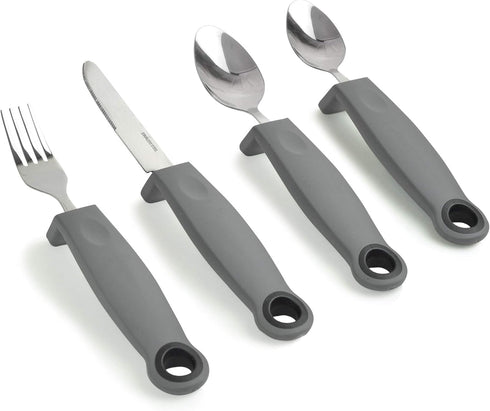 KMD Adaptive Utensils Set with Weighted and Self-Standing Handles (4-Piece), Fork, Knife, and 2 Spoons for Arthritis, Parkinson’s, Tremors, Elderl...