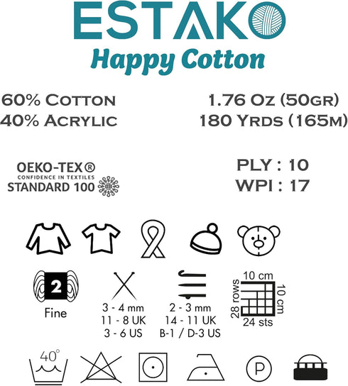 Estako Happy Cotton, 60% Cotton 40% Acrylic Yarn, Soft, Fine/Sport (2) for Crochet and Knitting 1.76 Oz (50g) / 180 Yrds (165m) (4910 - Green)......