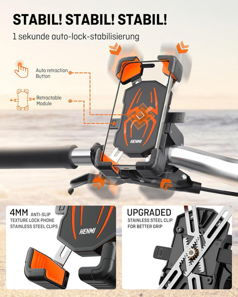 HENMI Bicycle Cell Phone Holder,Motorcycle Phone Mount,One Hand Operation Bicycle Handlebar Cell Phone Holder, 360° Rotatable Cell Phone Holder fo...
