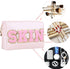 Preppy Patch Cosmetic Toiletry Bag for Women Girls SKIN Letters PU Leather Portable Makeup Bag Zipper Pouch Storage Purse Waterproof Organizer for...