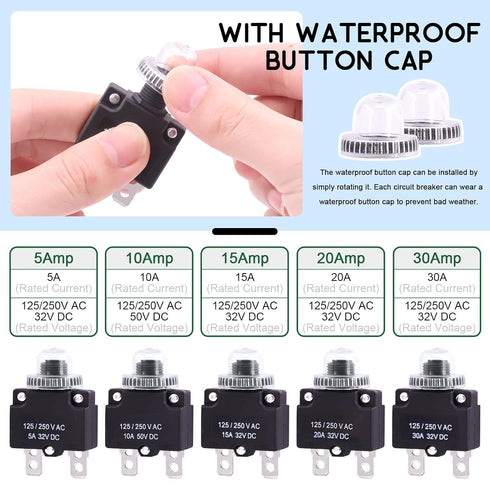 Keadic 40 Pcs 5/10/15/20/30A Push Button Circuit Breaker with Manual Reset Assorted Set AC125-250V 32VDC Thermal Circuit Breaker with 19cm Wire Le...