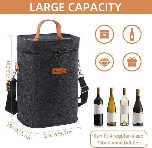 4 Bottle Carrier Tote, Thicken Felt Wine Carrier Padded Portable Wine Bottle Bag with Leather Handles & Shoulder Strap for Party, Picnic, Travel, ...