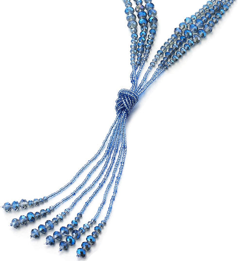 COOLSTEELANDBEYOND Boho Chic Lariat Necklace Tassel Pendant Pastel Blue Crystal Bead Three-strand Long Chain Y-Shape...