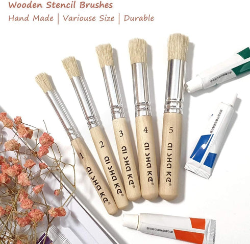 Auhoahsil Stencil Brushes Set, 5 Pcs Natural Bristle Wooden Handle Template Brushes for Wood Wall Model House Painting, Stencil Projects, Card Mak...