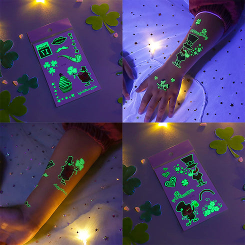 10 Sheets St. Patrick’s Day Temporary Tattoos,Lucky Shamrock Leprechaun Glow in The Dark Tattoos Green Clover Irish Designs Paint Art Luminous Tat...