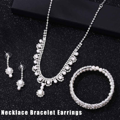 Urieo 3 PCS Pearl Bridal Jewelry Set Silver Rhinestone Necklace Drop Earrings Bangle Bracelet Elegant Costume Wedding Jewelry Accessories Prom Par...