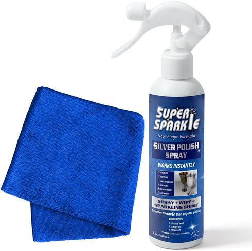 Silver Polish Cleaner Spray 8 Ounce with Cloth Pack Set - Gently Cleans and Removes Tarnish 16x16 inch Silver Cleaning Cloth for Sterling Silver, ...