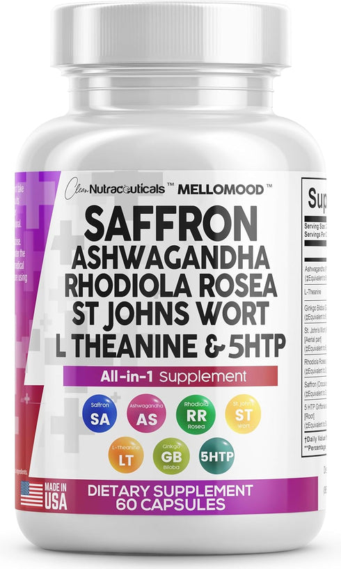 Clean Saffron Supplements with Ashwagandha 8000mg - Mood Support with L-Theanine 200mg, Ginkgo Biloba 6000mg, St. John's Wort 6000mg, Rhodiola Ros...