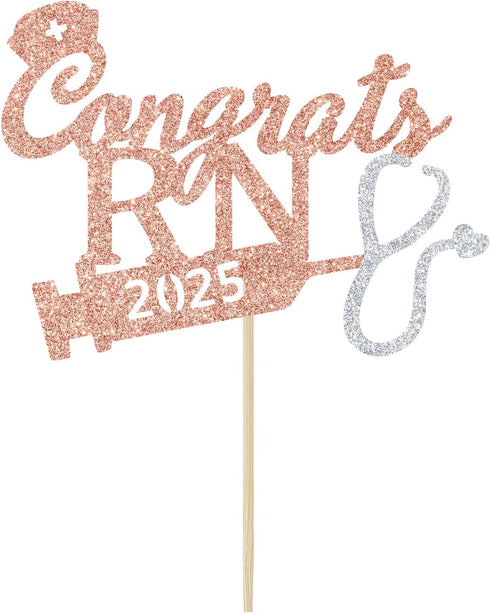 Rose Gold Glitter Congrats RN 2025 Cake Topper - 2025 Graduation Party Decoration, 2025 Nurse Congrats Grad Photo Prop...