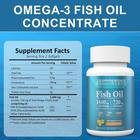 Fish-Oil Omega3-Fatty Acids-Supplement Small-Softgels - 180Count 1440mg for Healthy Heart Brain Eyes Support High EPA DHA Easy to Swallow...