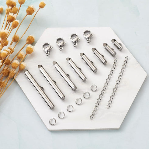 Beadthoven 260pcs 8sizes Stainless Steel Tube Slide On End Clasps with Twist Extender Chains Jump Rings Lobster Claw Clasps Crimp Cord Ends Findin...