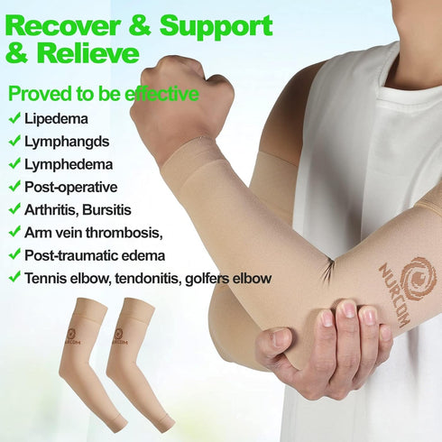 NURCOM® Medical Compression Arm Sleeve for Men Women, 2 Pack, 20-30mmHg with Silicone Band for Lymphedema, Lipedema, Pain Relief, Edema, Swelling,...