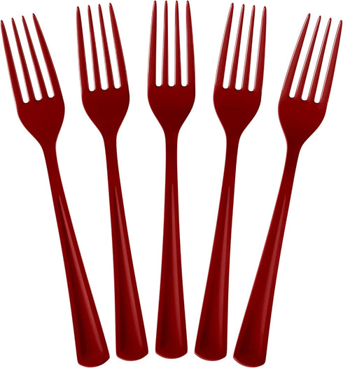 Disposable Burgundy Plastic Forks 50 Pcs - Heavy Duty Burgundy Plastic Disposable Cutlery - Burgundy Disposable Flatware, Burgundy Plastic Silverw...