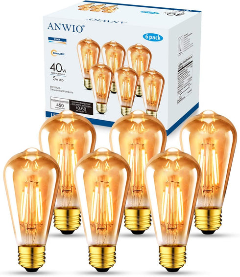 ANWIO Vintage Edison Light Bulb ST21 LED Filament Bulb 5W(40 Watt Equivalent) Dimmable 2500K (Amber Glow) Warm White E26 Medium Base, Amber Glass ...