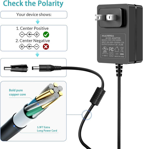 24V Power Supply, 24V 1A AC Adapter DC Power Cord for LED Strip Light CCTV Camera Bluetooth Speaker Nail Lamp Air Cleaner Massage Gun Mini Printer...