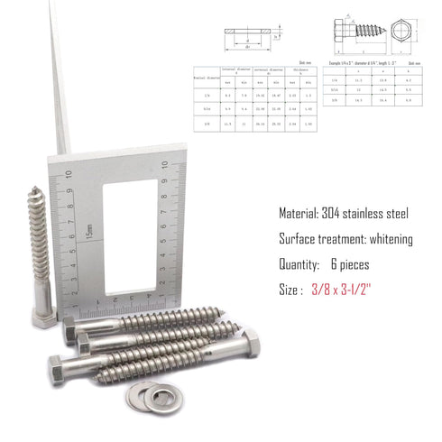 6pcs Hex Head Lag Screws, 3/8" x 3-1/2" Hexagon Head Wood Screws (Partially Threaded), 304 Stainless Steel Lag Bolts, Silvery...