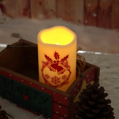 Christmas Theme Outdoor LED Flameless Candle Battery Operated with Timer Flickering LED Pillar Candle Bell Pattern Winter Festival Party Decoratio...