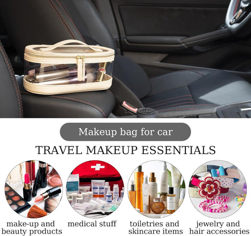 Clear Travel Makeup Bag Skincare Cases Beige With Double Zipper White Organizer Leather Stand Small Make Up Toiletry Cosmetic Storage Pouch…...