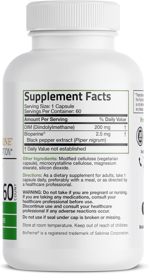 Bronson DIM Supplement 200 mg Diindolymethane with BioPerine for Enhanced Absorption, Estrogen Metabolism & Maintains Balanced Hormone Levels, 60 ...