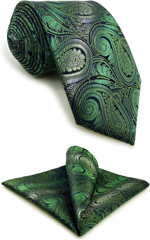 S&W SHLAX&WING Ties for Men Green White Paisley Classic Size Necktie with Pocket Square...