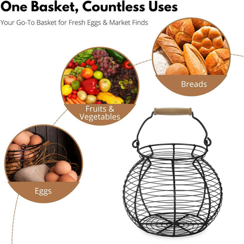 Flexzion Chicken Egg Basket Wire Egg Holder with Wooden Handles for Egg, Fruits, Vegetables Storage, Display Metal Mesh, Basket Holder Countertop ...