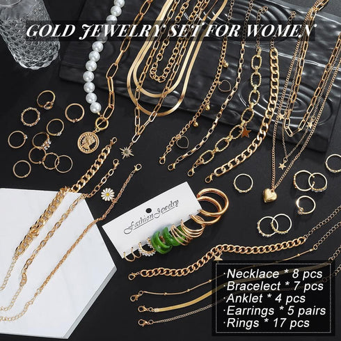 KISS WIFE Jewelry Set for Women, Necklaces Bracelets Rings and Earrings Sets, Gold Silver Vacation Jewelry Fashion Costume Jewelry Packs, Gifts fo...