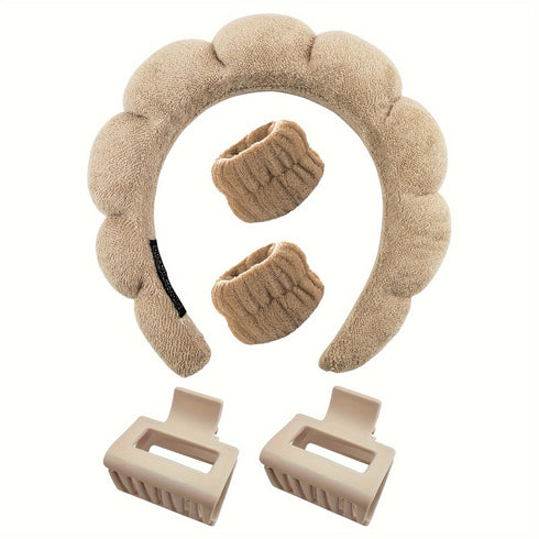 5Pcs Spa Tools Fluffy Head Band Elastic Water Absorbent Twist Bands Hair Claw Clips Non Slip Clips Suitable For Face Washing Bath Skincare Spa Mak...