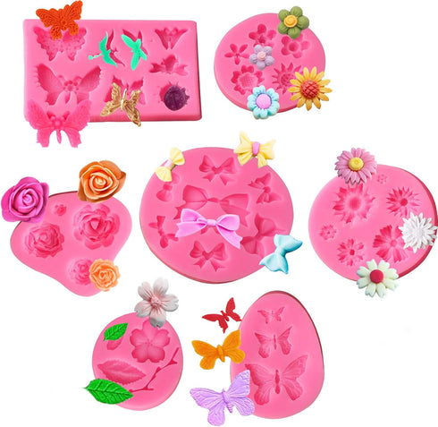 Flower Silicone Mold,7 Pack for Rose, Chocolate, Cake, Butterfly, Mini Bow, Cupcake, Jelly, Mini Muffins and Candy Making...