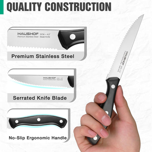 HAUSHOF Steak Knives Set of 4, Premium Stainless Steel Serrated Steak Knife Set with Gift Box, Full Tang and Ergonomic Handle, Gifts Knife Set for...