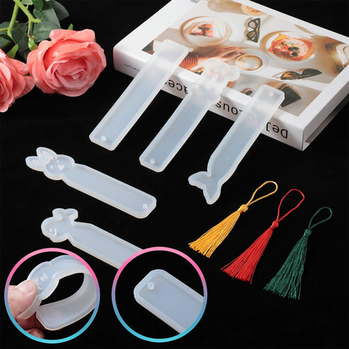 10 Pieces Silicone Bookmark Resin Mold DIY Bookmark Mould Epoxy Resin Casting Mold in 10 Cute Styles with 20 Pieces Random Color Tassels Craft, 20...