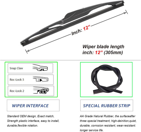 QUALITY 12" Premium All-Seasons Durable Stable And Quiet Rear Windshield Wiper Blades (pack of 1)...