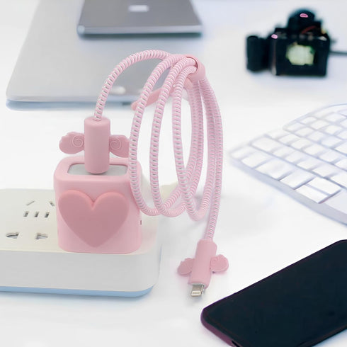 Cable Protector for iPhone Charger, Silicone Charger Protector Set - Cute Cable Cover Silicone Charger Case for 18W/20W iPhone Charger, Pink Heart...