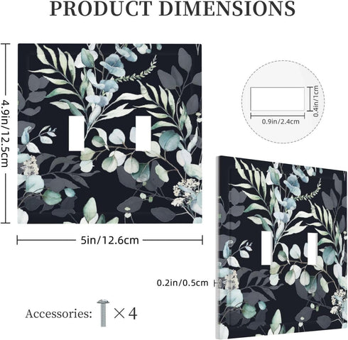 Decorative Switch Plate Covers Boho Black Grey Eucalyptus Leaf Floral 2 Gang Double Toggle Light Switch Cover Electric Wall Plate Dual Device Elec...