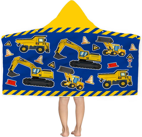 Kids Beach Towel With Hood - Excavators Vehicles Engineering Theme for Boys Girls, Microfiber Soft Bath Poncho Bathrobe Wrap Robe for Swim Pool - ...
