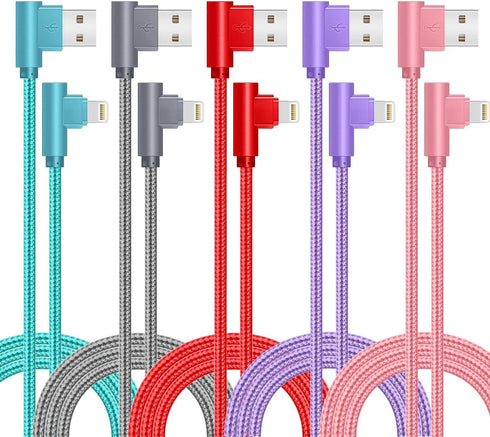 iPhone Charger Cord Right Angle Lightning Cable 6FT 5 Pack 90 Degree Nylon Braid Charging Cord Fast Charging Compatible for iPhone 12/12pro/11/11p...