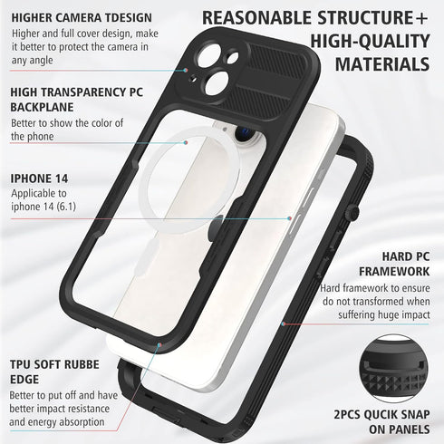 iPhone 14 Waterproof Case, IP68 Full-Body Rugged Protective Shockproof Cover with Clean Sound, Compatible with Support MagSafe Magnetic Wireless C...