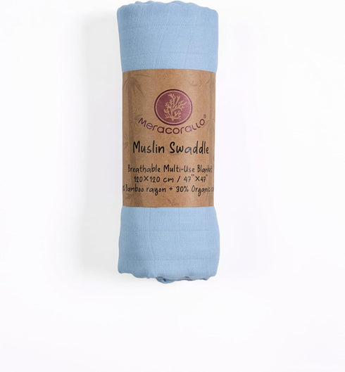 Meracorallo Muslin Swaddle Blanket Silky Soft Receiving Blanket Swaddle Wrap for Baby Boys and Girls, 47 x 47 inches, Sky Blue...