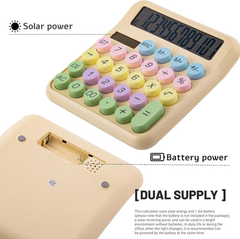 Calculators Desktop, Beige Mechanical Calculator, Cute Calculator 12 Digit Desk Basic Calculator Large Display, Dual Power Solar Battery, Office H...