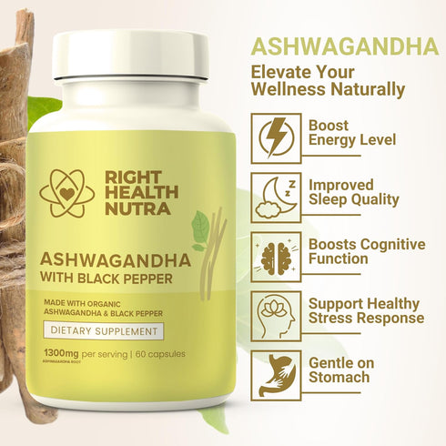 Ashwagandha Capsules - 60 Count - 1300mg Per Serving - Ashwagandha for Men and Women with Black Pepper for Maximum Absorption - Ashwagandha Supple...