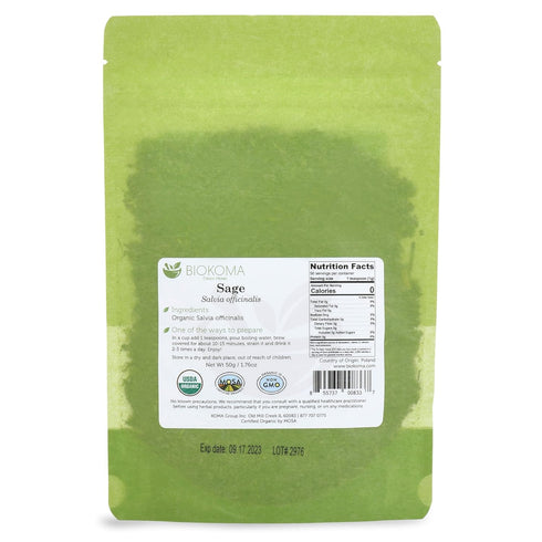 Biokoma Pure and Organic Sage Dried Leaves 50g (1.76oz) In Resealable Moisture Proof Pouch, USDA Certified Organic - Herbal Tea, No Additives, No ...