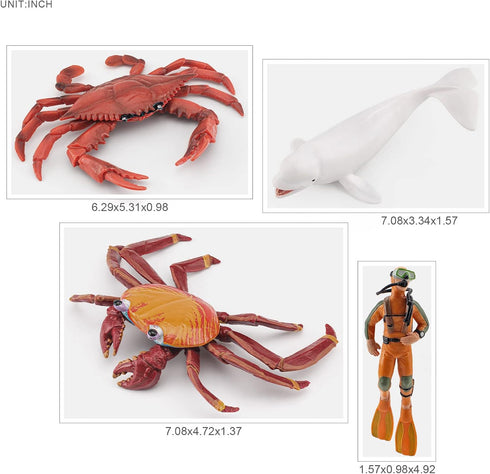 Ocean Sea Marine Animal Figure Toys Playsets 4 PCS Diver White Whale Crab Sally Crab Model Toy Desktop Decoration Collection Party Favors Toys for...